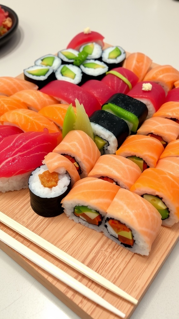 An assortment of sushi rolls on a wooden platter with wasabi and pickled ginger, served with chopsticks.